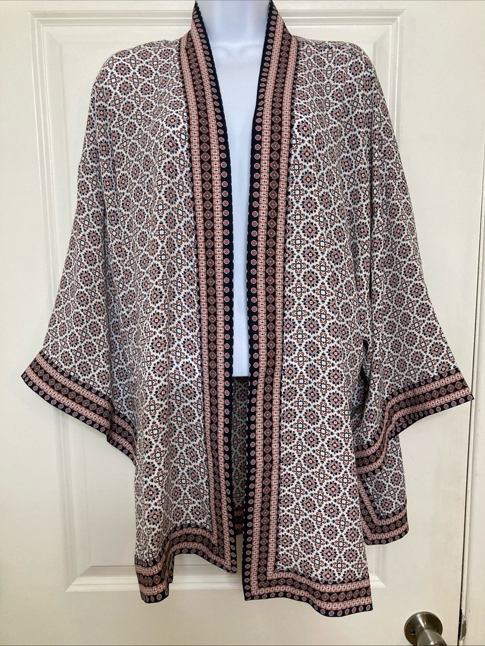 Max Studio Woman 1X Geometric Boho Print Open Front Layering Kimono Coastal